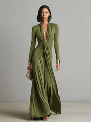 Oliv Seide Maxi Kleid V-Ausschnitt