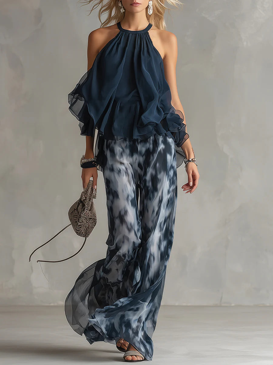 Sofia Halter Neck Top und bedruckte weite Hosen Set