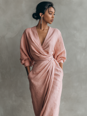 Rosa Leinen Maxi Kleid V-Hals