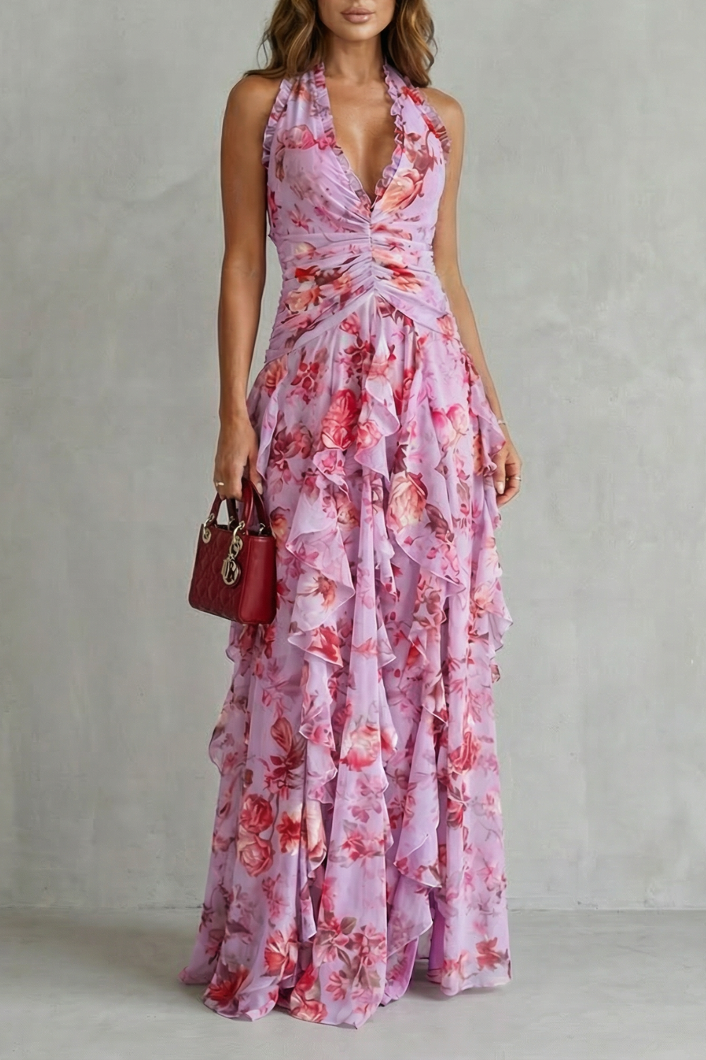 Belladina | Romantische Rosenfall Maxi-Kleid mit amerikanischem Ausschnitt