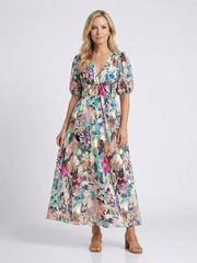 Eulalie | V-Ausschnitt Kurzarm Gerafftes Taillen Midi-Kleid