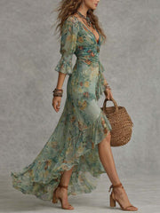 Aurora | Floral Maxi Kleid mit romantischem asymmetrischen Saum