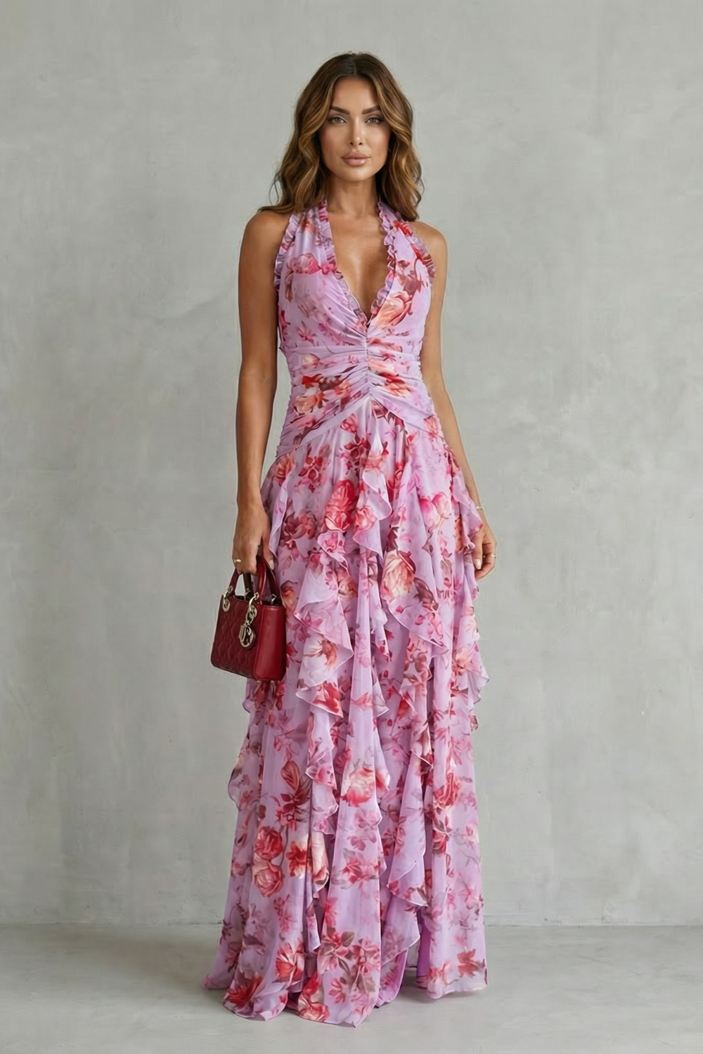 Belladina | Romantische Rosenfall Maxi-Kleid mit amerikanischem Ausschnitt