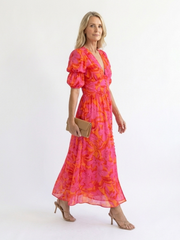 Willow | Blumiger V-Ausschnitt Midi-Kleid mit Puffärmeln