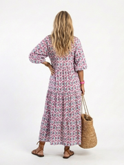 Mireya | Geometrisches Print Langarm Tiered Midi Kleid