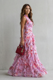 Belladina | Romantische Rosenfall Maxi-Kleid mit amerikanischem Ausschnitt