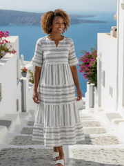 Parisa | Short Sleeve Striped Tiered Midi Dress