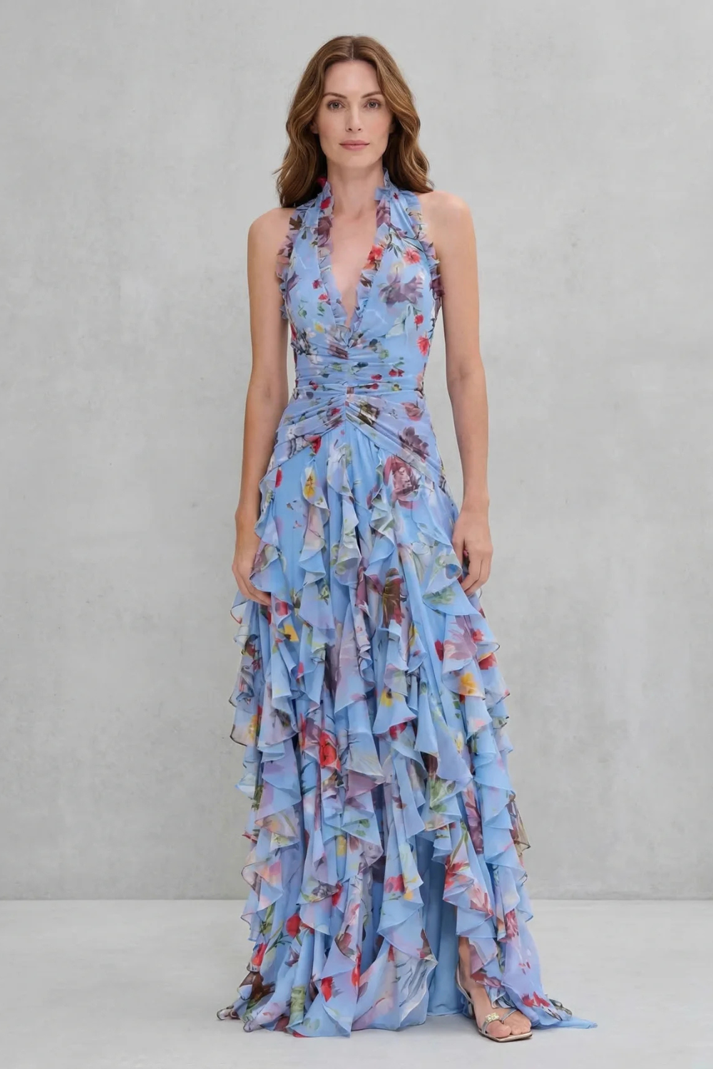 Belladina | Romantische Rosenfall Maxi-Kleid mit amerikanischem Ausschnitt
