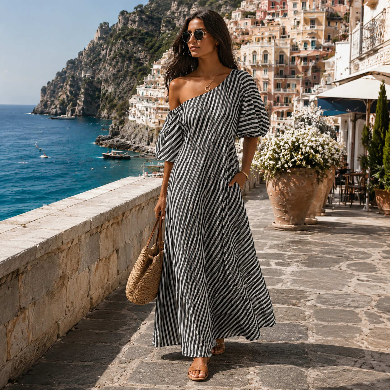 Carla | Gestreiftes Maxikleid mit asymmetrischem Ausschnitt