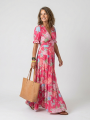 Ione | Kurzes ärmelloses V-Ausschnitt Blumen-Midi-Kleid