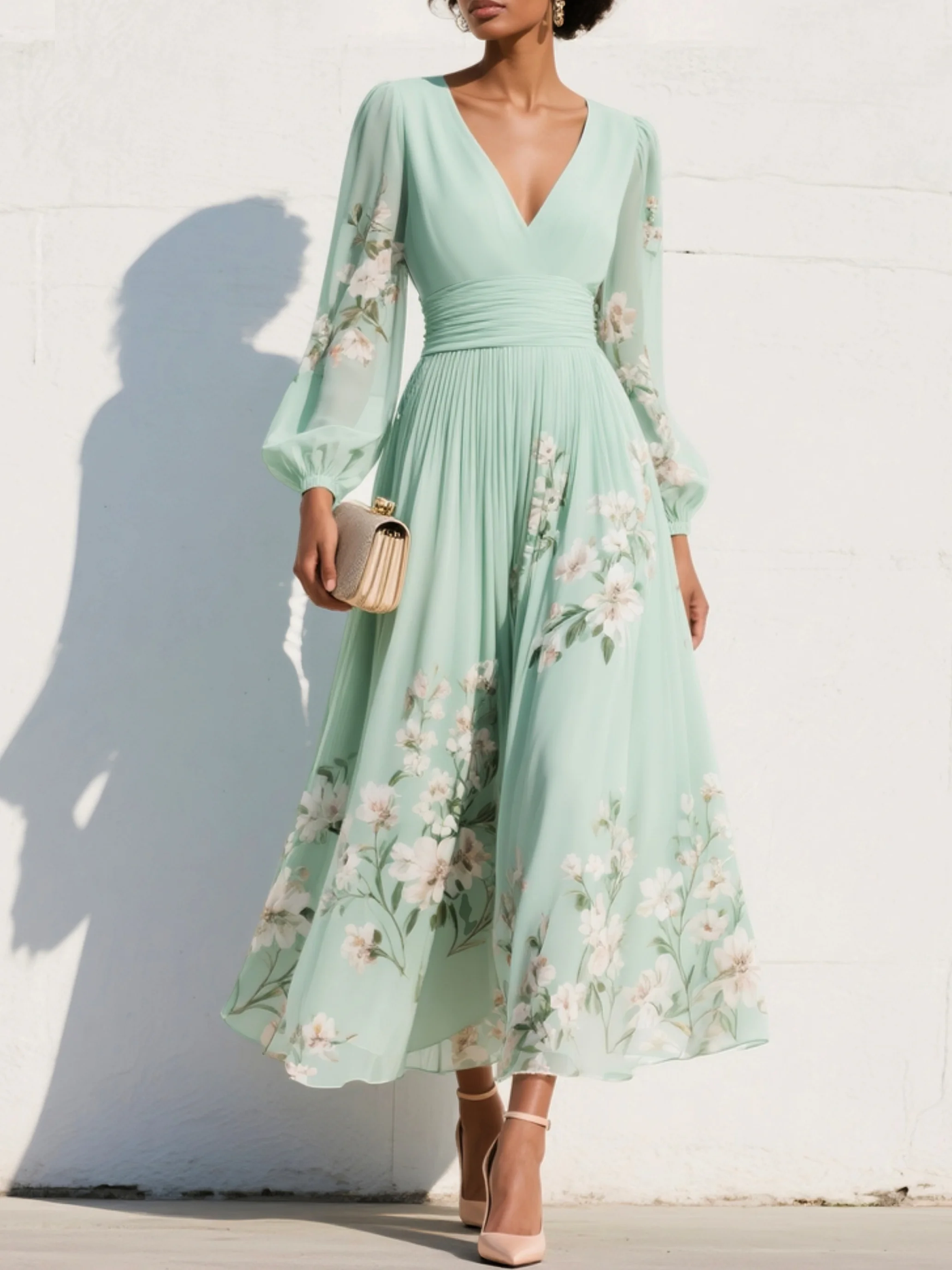 Cisella | Midi-Kleid in hellgrün mit Blumenmuster