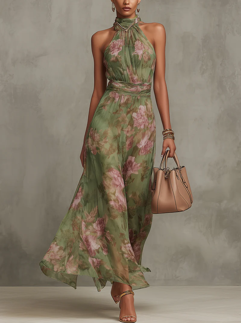 Livia | Elegantes Maxikleid mit Blumenmuster und Halter