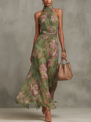 Serena | Grünes Floral Maxikleid mit Halterneck
