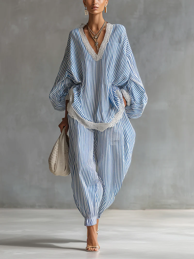 Sofia Blau Gestreiftes Zweiteiliges Set