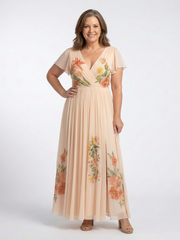 Calista | V-Ausschnitt Kurzarm Falten Maxi Kleid