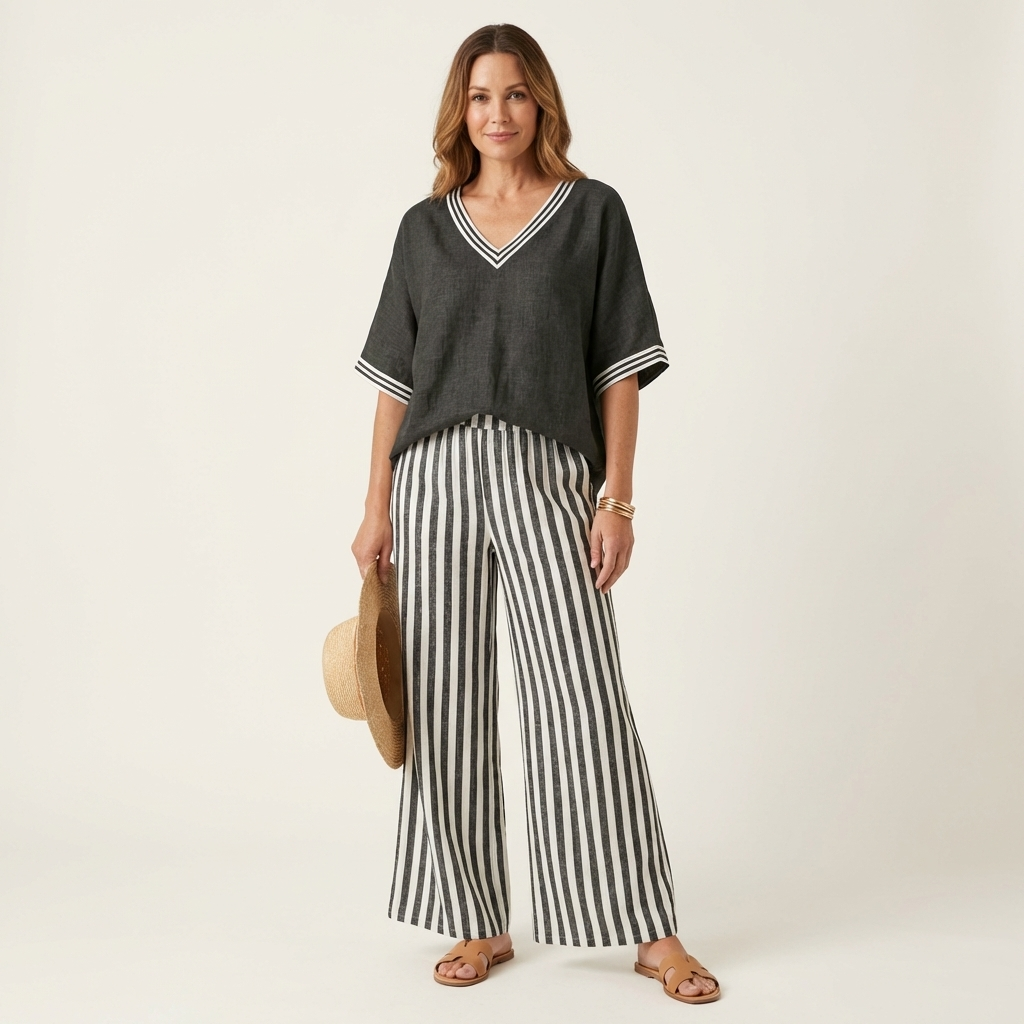 Juliana | V-Ausschnitt Varsity Top & Streifen Weite-Hosen Set