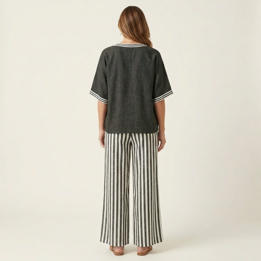 Juliana | V-Ausschnitt Varsity Top & Streifen Weite-Hosen Set