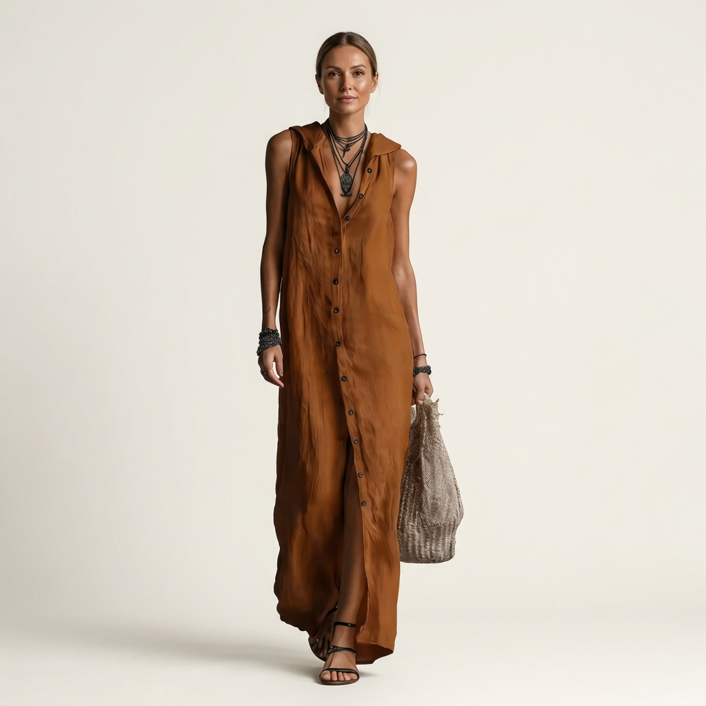 Mirabell | Kapuzenloses, ärmelloses Maxikleid mit Knopfleiste