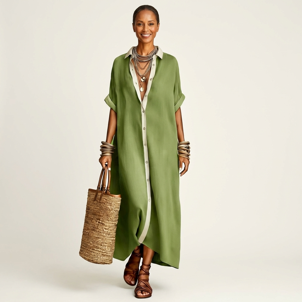 Kamira | Maxikleid mit Kontrastkragen und Knopfleiste in Kurzarm