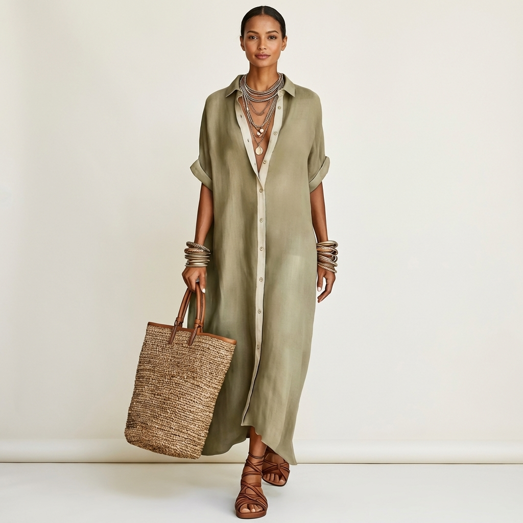 Kamira | Maxikleid mit Kontrastkragen und Knopfleiste in Kurzarm