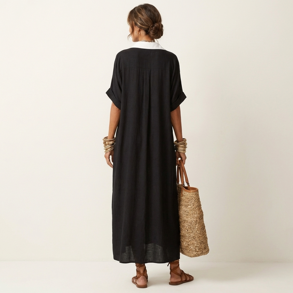 Kamira | Maxikleid mit Kontrastkragen und Knopfleiste in Kurzarm