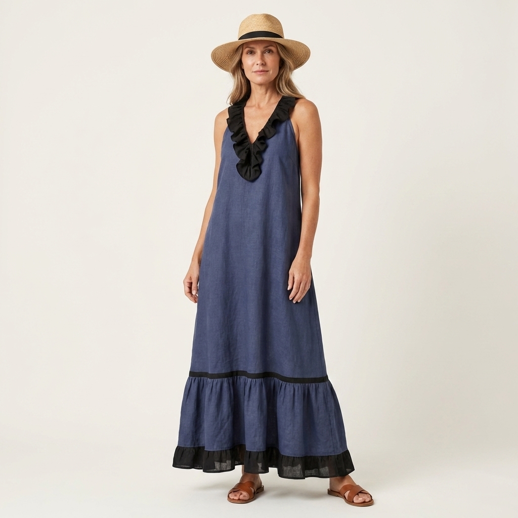 Mayline | Ärmelloses Maxikleid mit Rüschenausschnitt und Kontrastbesatz