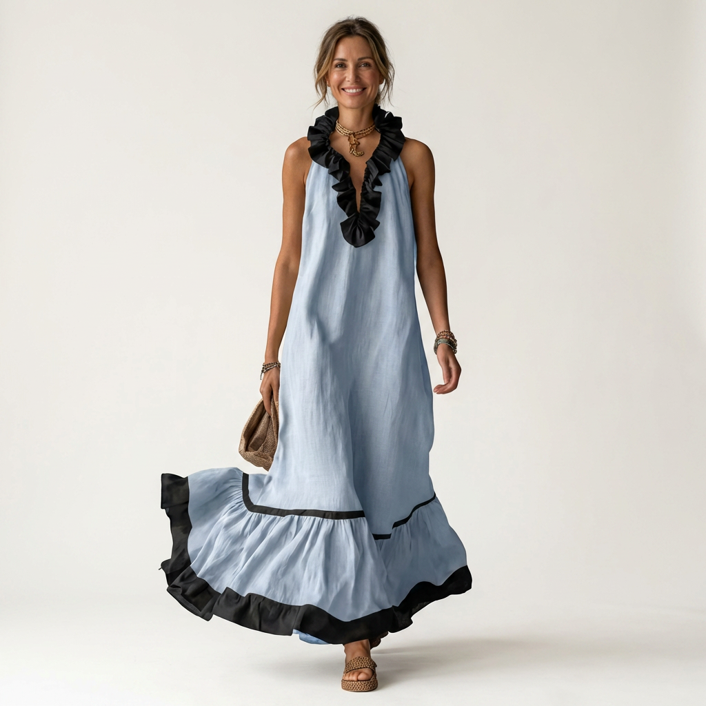 Mayline | Ärmelloses Maxikleid mit Rüschenausschnitt und Kontrastbesatz