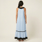 Mayline | Ärmelloses Maxikleid mit Rüschenausschnitt und Kontrastbesatz