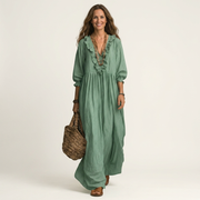 Yosetta | Rüschenschnitt V-Ausschnitt gestreiftes Maxikleid mit Laternenärmeln