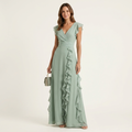 Nellyana | Wickel-Stil V-Ausschnitt Flatterärmel Cascading Ruffle Maxikleid