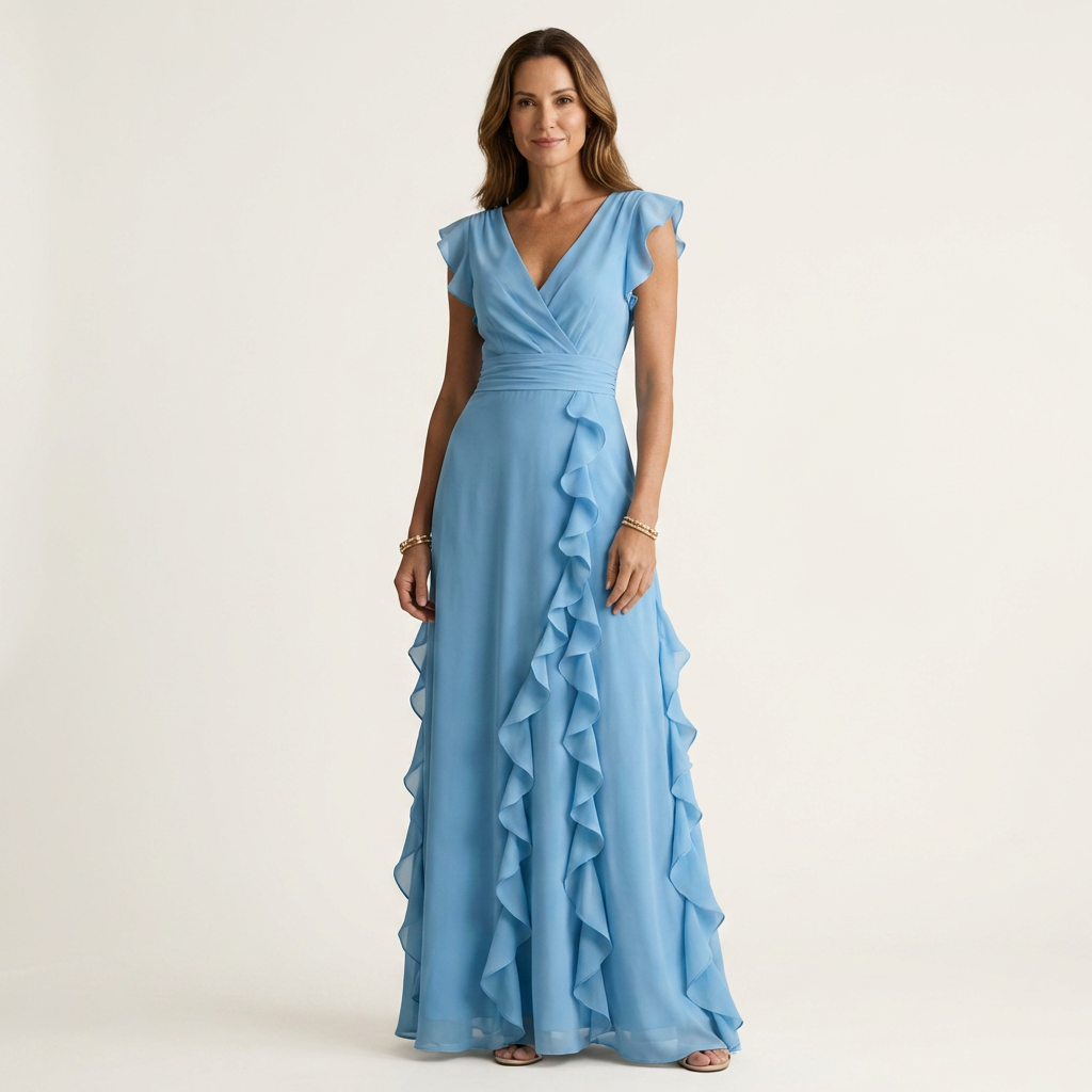 Nellyana | Wickel-Stil V-Ausschnitt Flatterärmel Cascading Ruffle Maxikleid