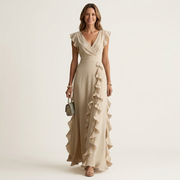 Nellyana | Wickel-Stil V-Ausschnitt Flatterärmel Cascading Ruffle Maxikleid