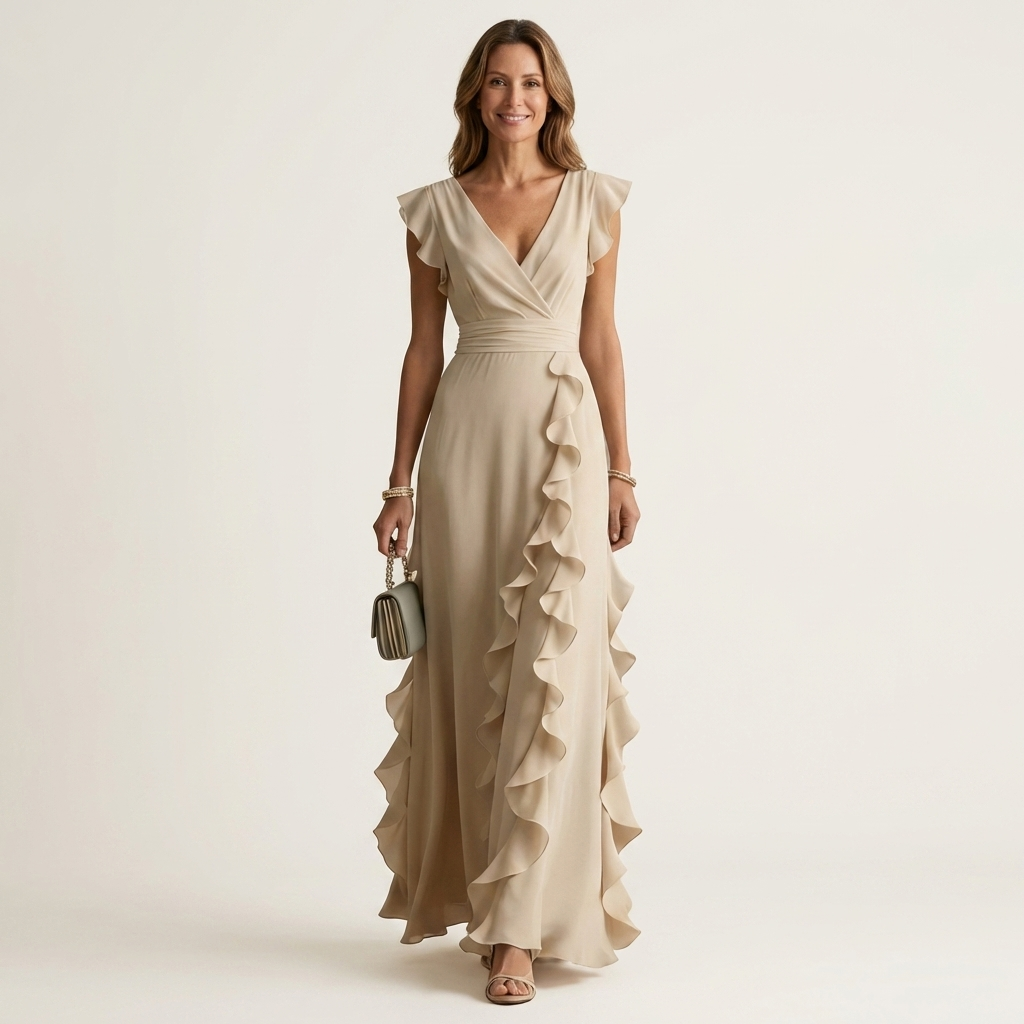 Nellyana | Wickel-Stil V-Ausschnitt Flatterärmel Cascading Ruffle Maxikleid