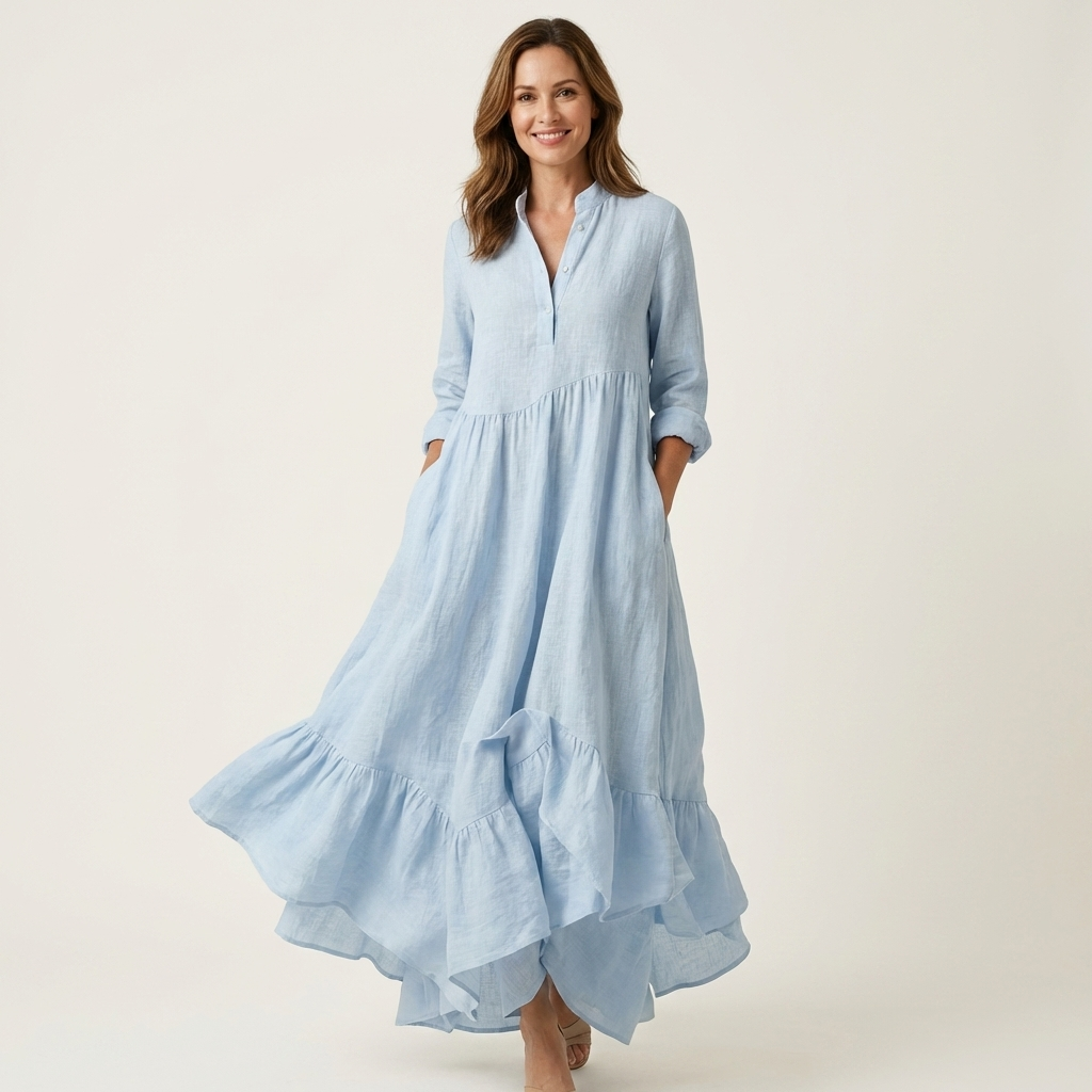 Jilana | Maxi-Kleid mit Stehkragen und Knopfleiste, Rüschensaum