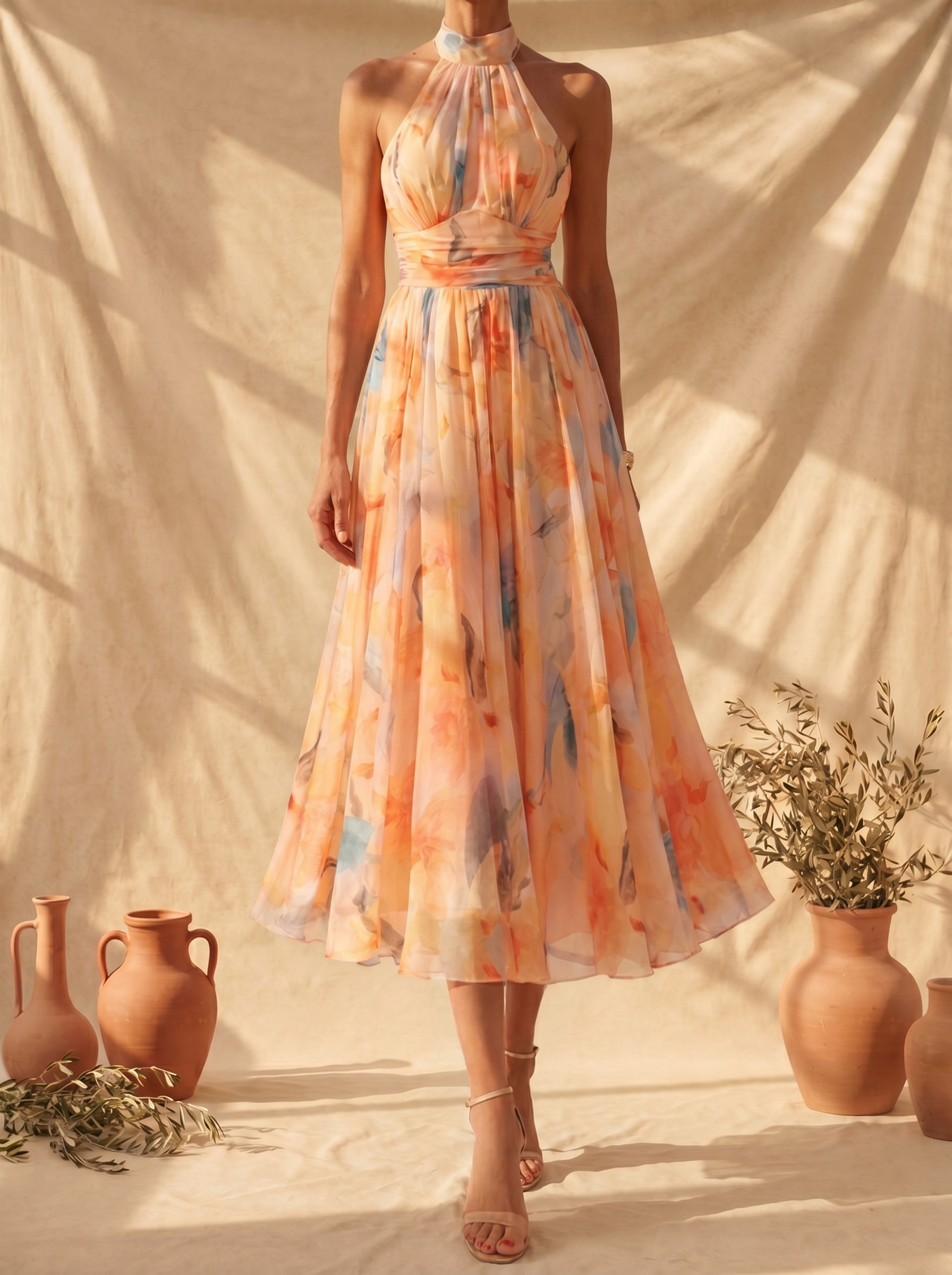Aurora | Kleid mit Halterneck und Aquarelldruck