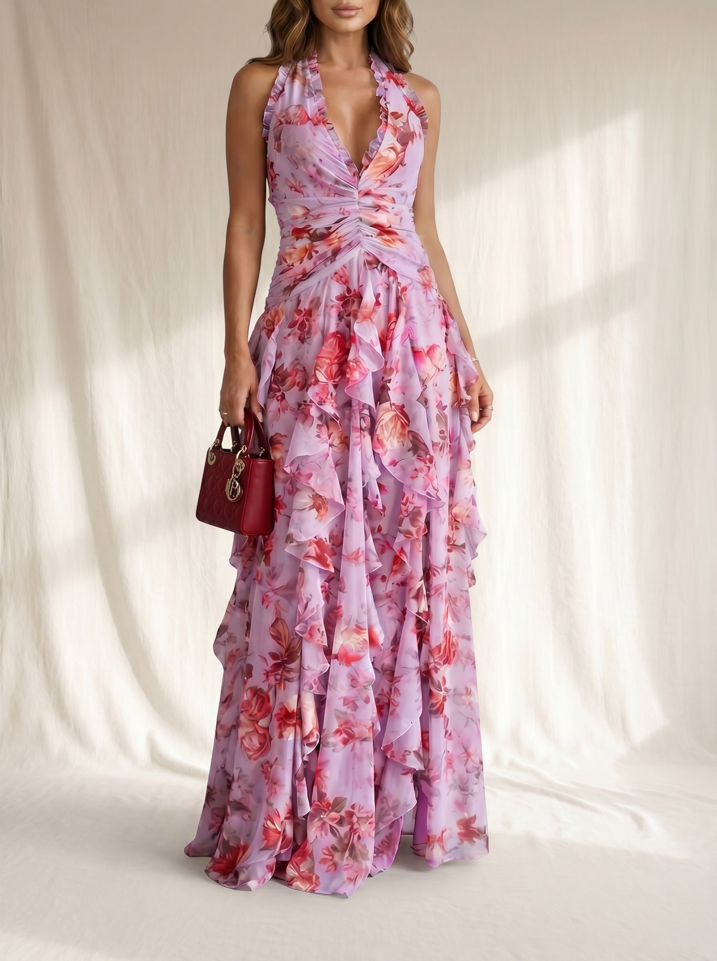 Belladina | Romantische Rosenfall Maxi-Kleid mit amerikanischem Ausschnitt