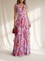 Belladina | Romantische Rosenfall Maxi-Kleid mit amerikanischem Ausschnitt
