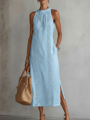 Jimena | Midi-Kleid aus Leinen mit Koreanischem Kragen