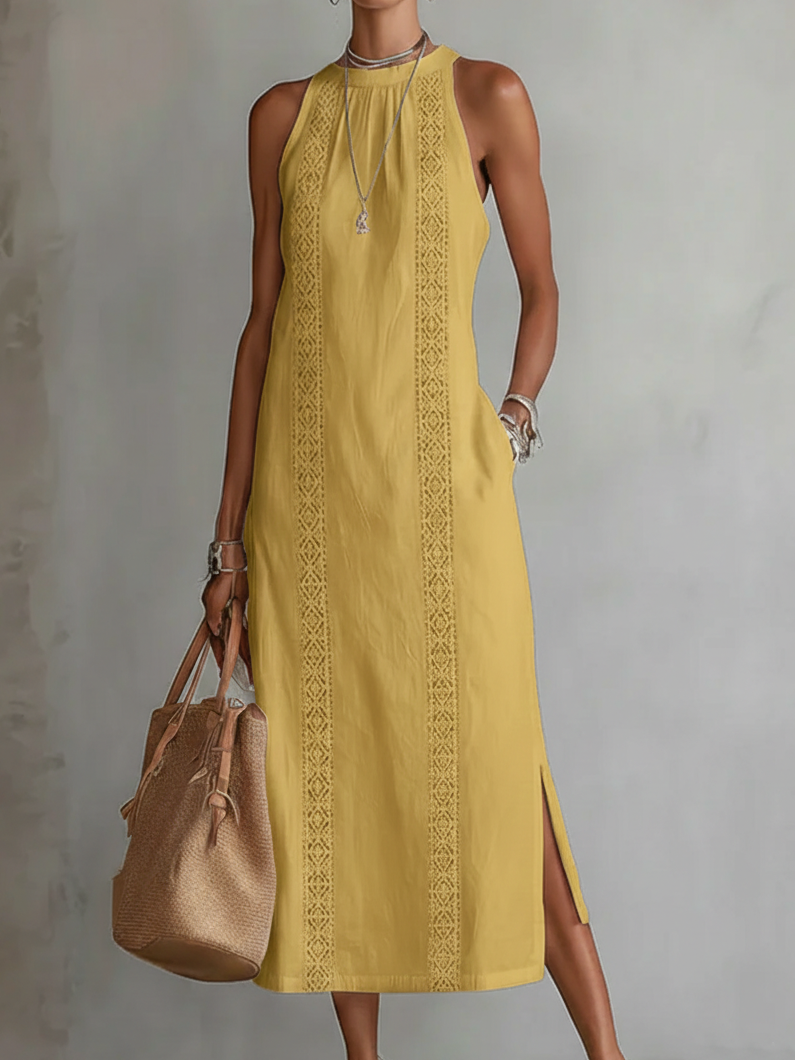 Jimena | Midi-Kleid aus Leinen mit Koreanischem Kragen